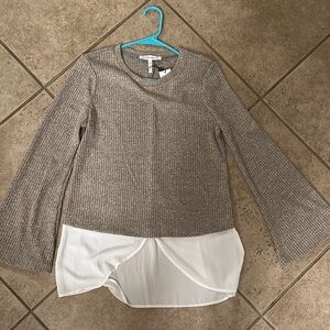 Gray Ribbed Sweater with White Layered Hem